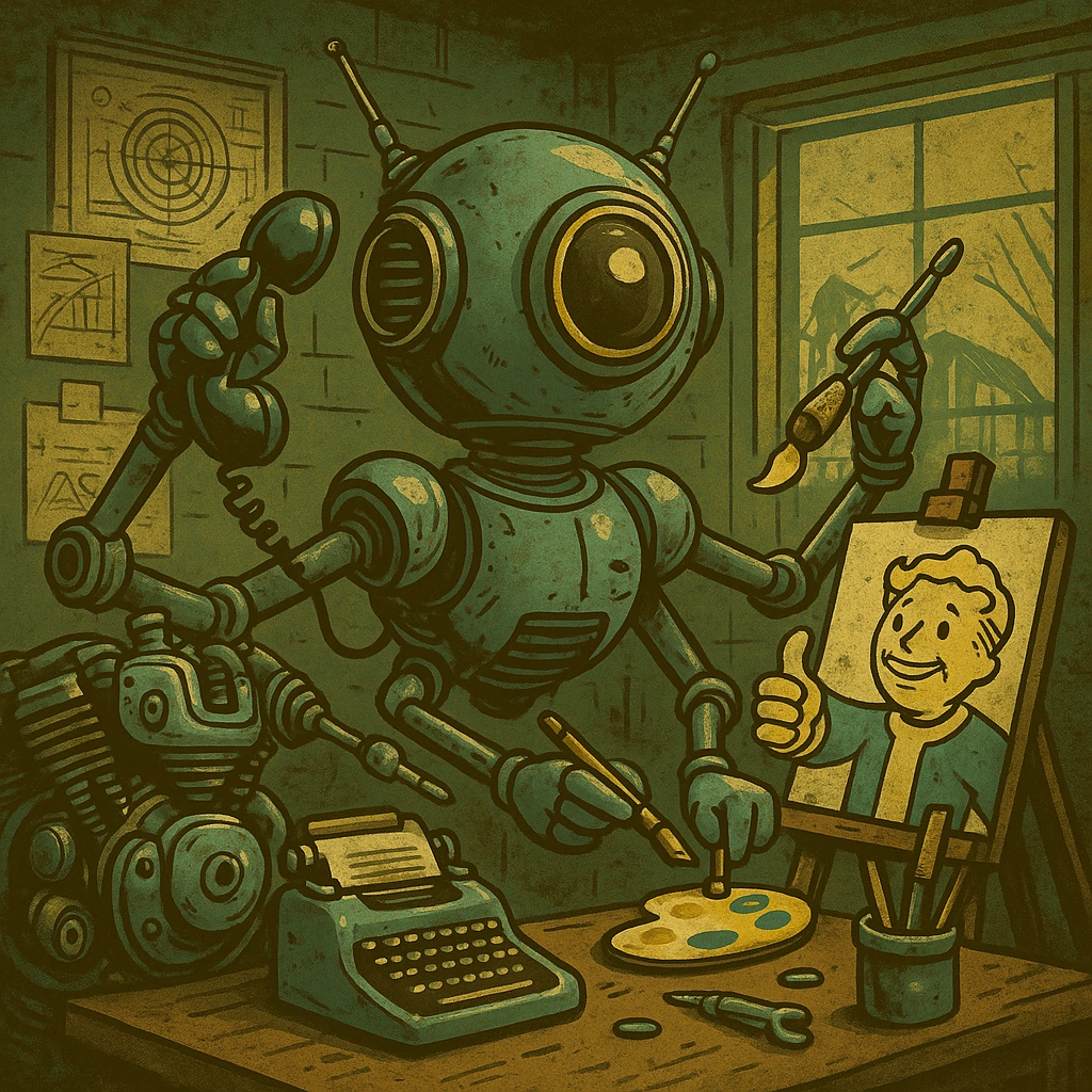 Multitaskaaja robotti. AI generoitu Fallout-henkinen kuva